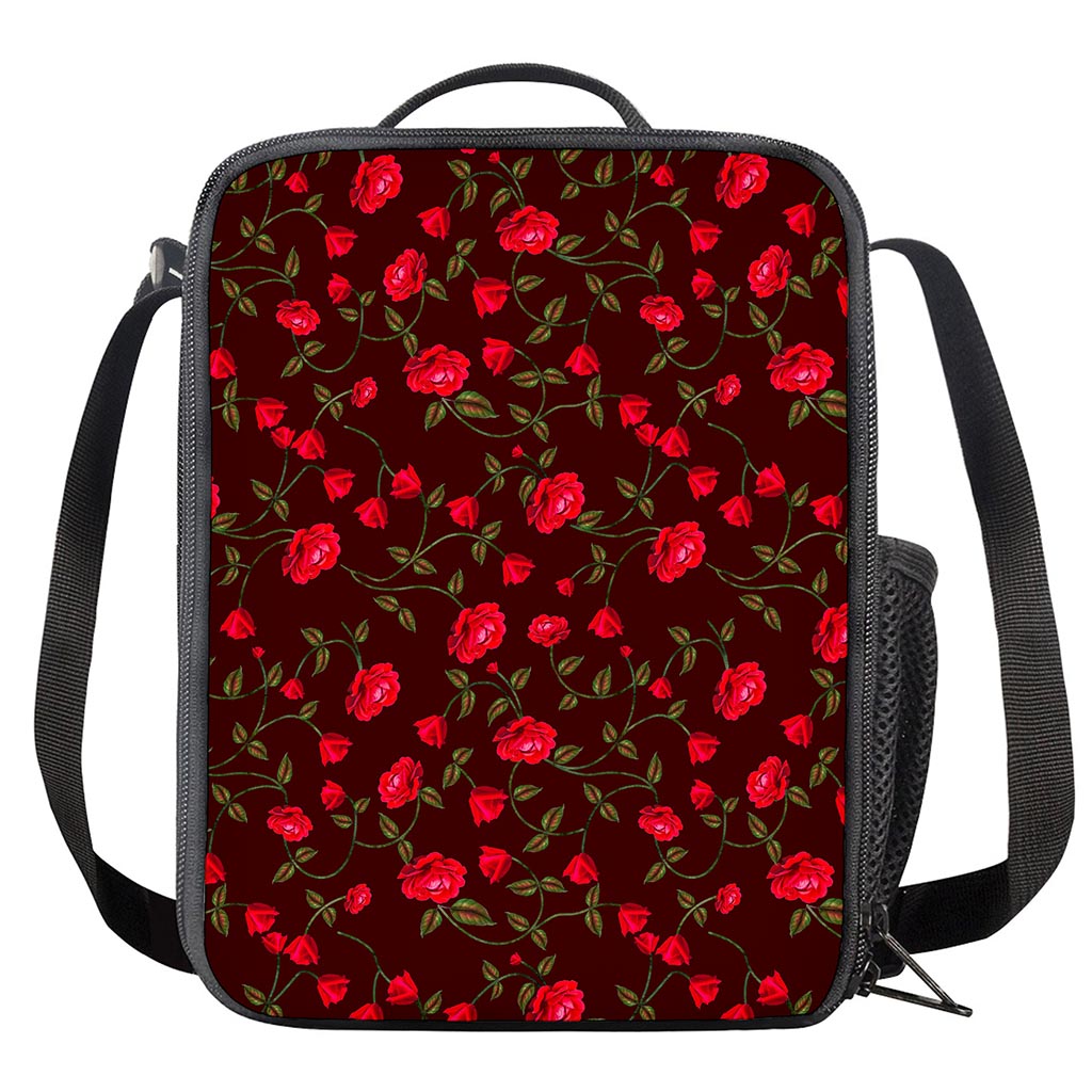 Red Rose Floral Flower Pattern Print Crossbody Lunch Bag