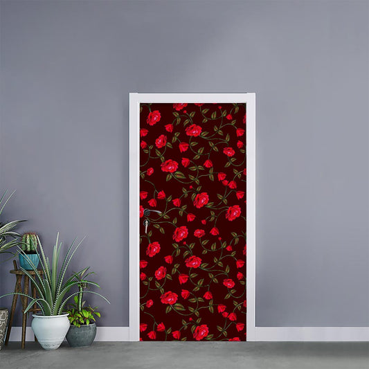 Red Rose Floral Flower Pattern Print Door Sticker
