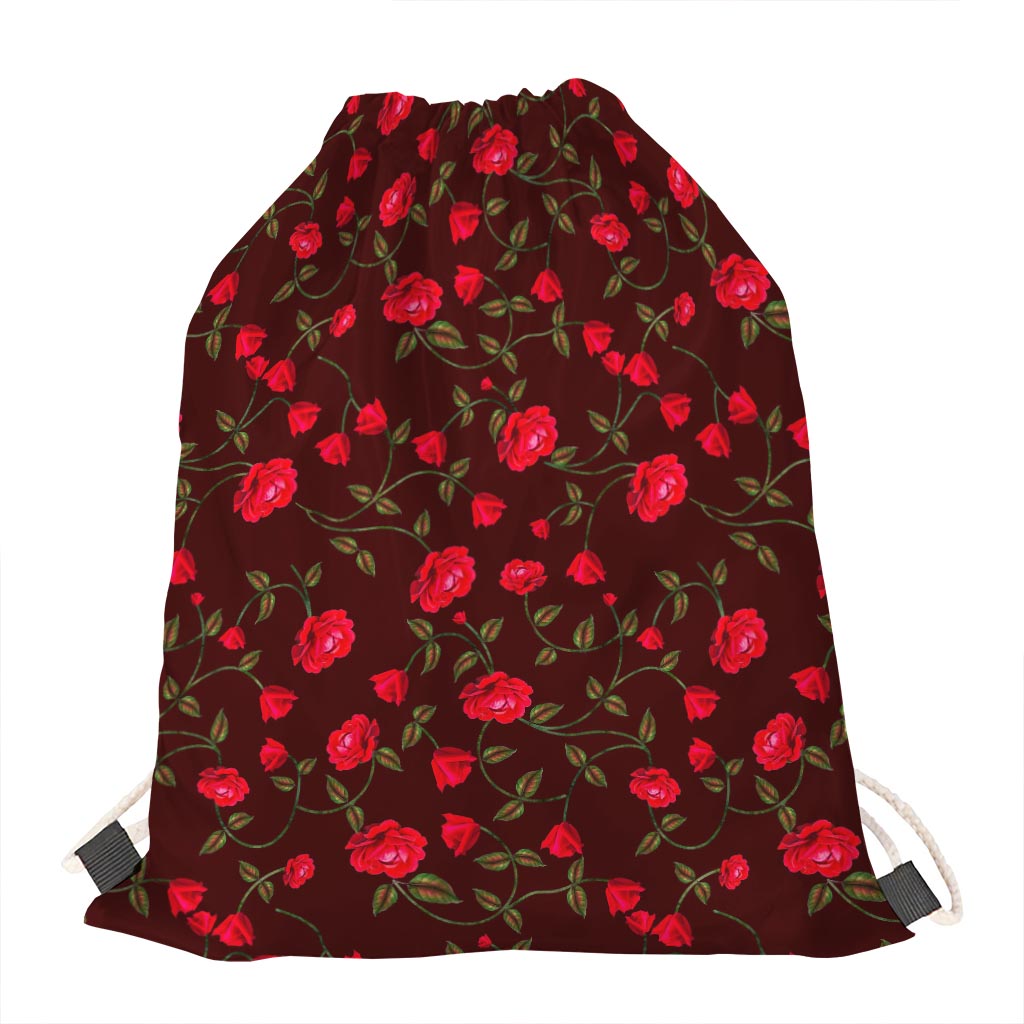 Red Rose Floral Flower Pattern Print Drawstring Bag