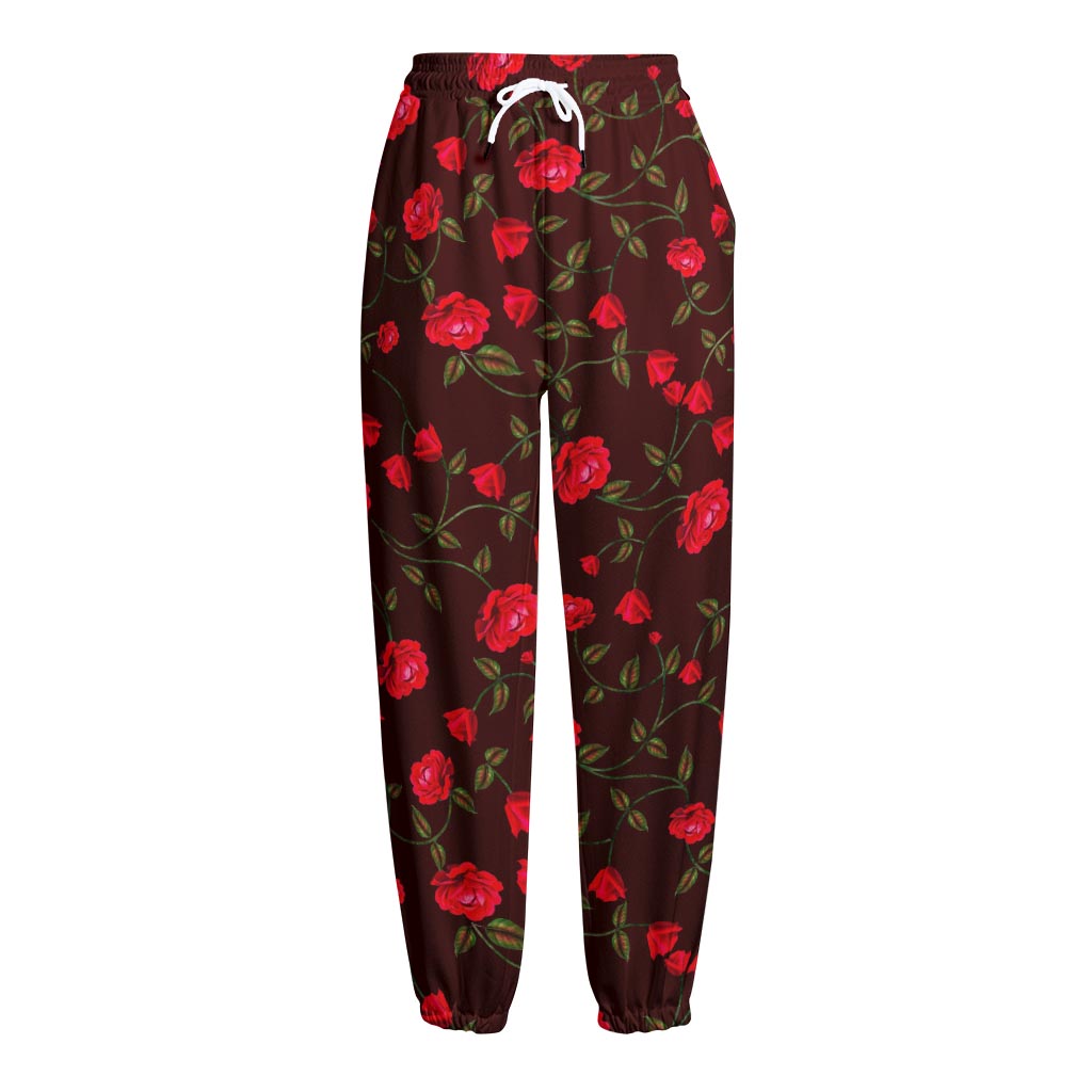 Red Rose Floral Flower Pattern Print Fleece Lined Knit Pants