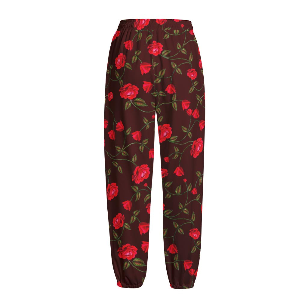 Red Rose Floral Flower Pattern Print Fleece Lined Knit Pants
