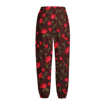Red Rose Floral Flower Pattern Print Fleece Lined Knit Pants