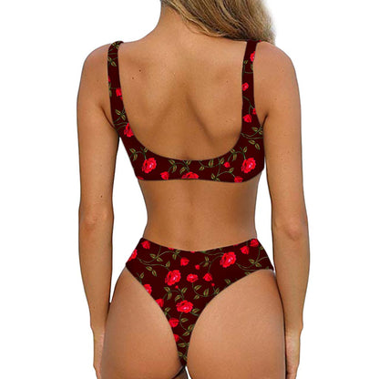 Red Rose Floral Flower Pattern Print Front Bow Tie Bikini