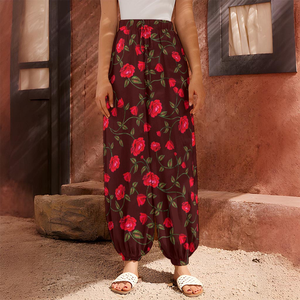 Red Rose Floral Flower Pattern Print Harem Pants