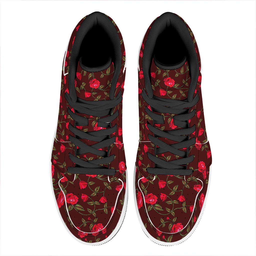 Red Rose Floral Flower Pattern Print High Top Leather Sneakers