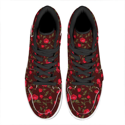 Red Rose Floral Flower Pattern Print High Top Leather Sneakers