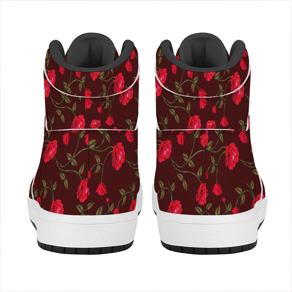 Red Rose Floral Flower Pattern Print High Top Leather Sneakers
