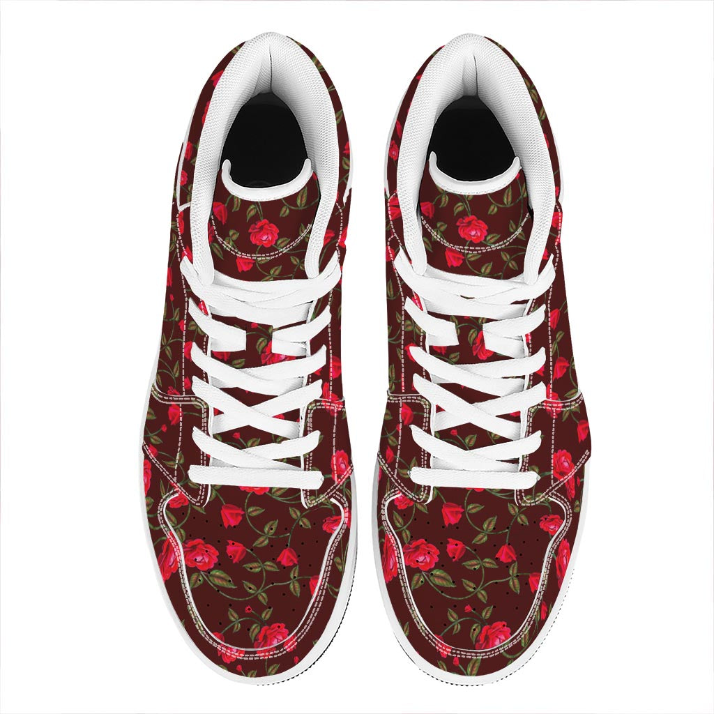 Red Rose Floral Flower Pattern Print High Top Leather Sneakers