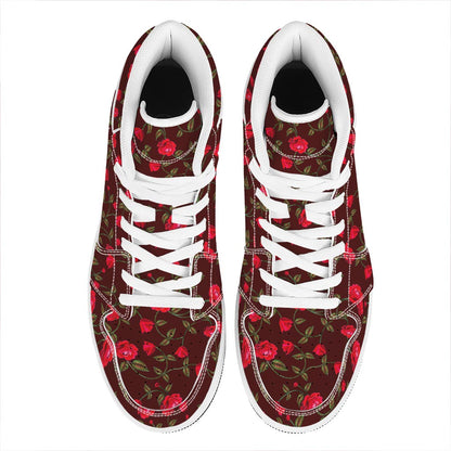 Red Rose Floral Flower Pattern Print High Top Leather Sneakers