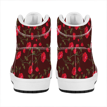 Red Rose Floral Flower Pattern Print High Top Leather Sneakers