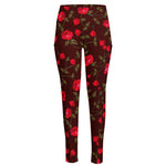Red Rose Floral Flower Pattern Print High-Waisted Pocket Leggings