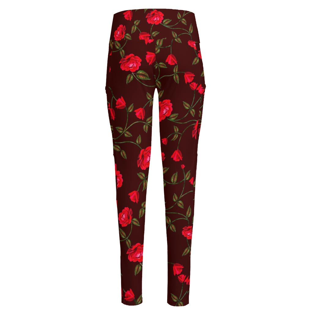 Red Rose Floral Flower Pattern Print High-Waisted Pocket Leggings