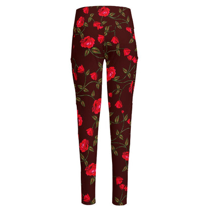 Red Rose Floral Flower Pattern Print High-Waisted Pocket Leggings