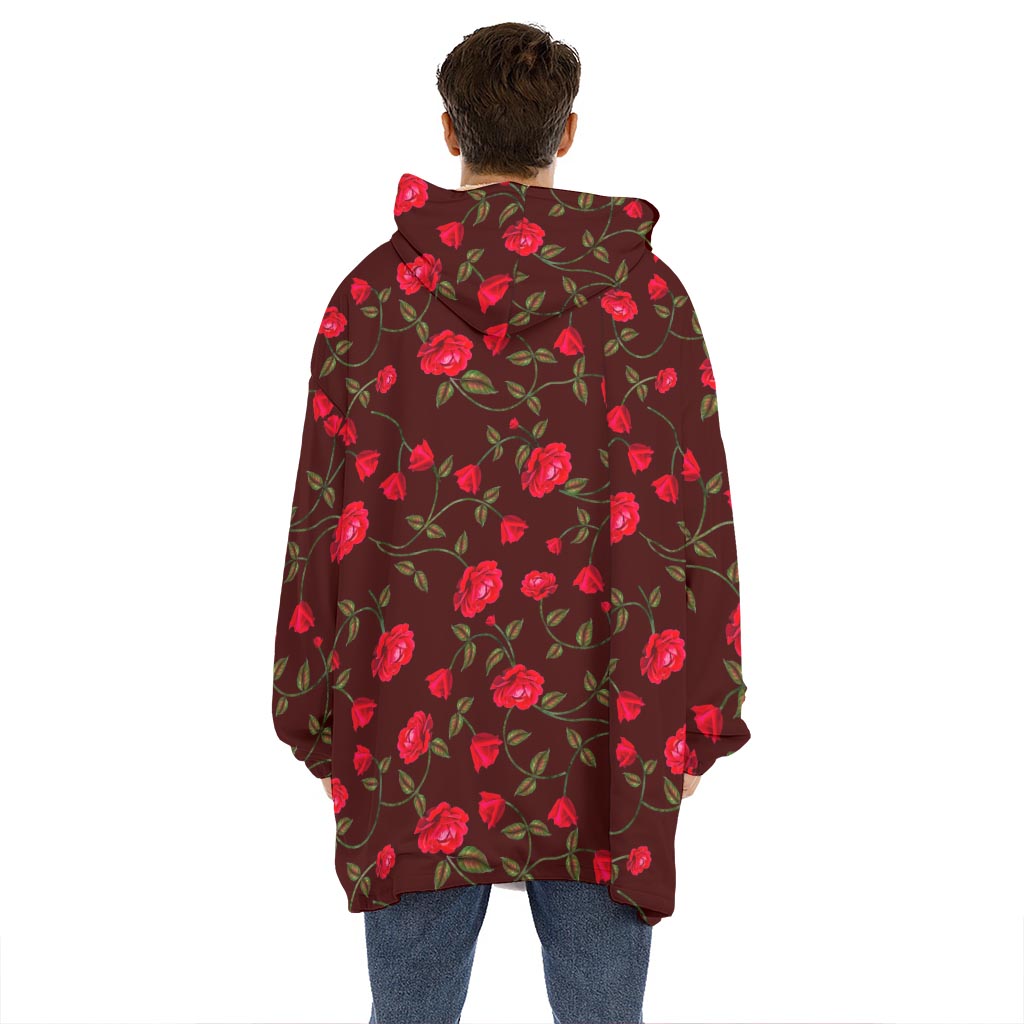 Red Rose Floral Flower Pattern Print Hoodie Blanket