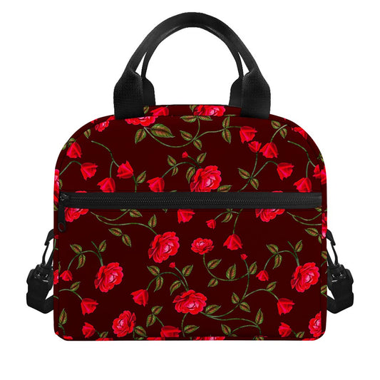 Red Rose Floral Flower Pattern Print Insulated Lunch Bag