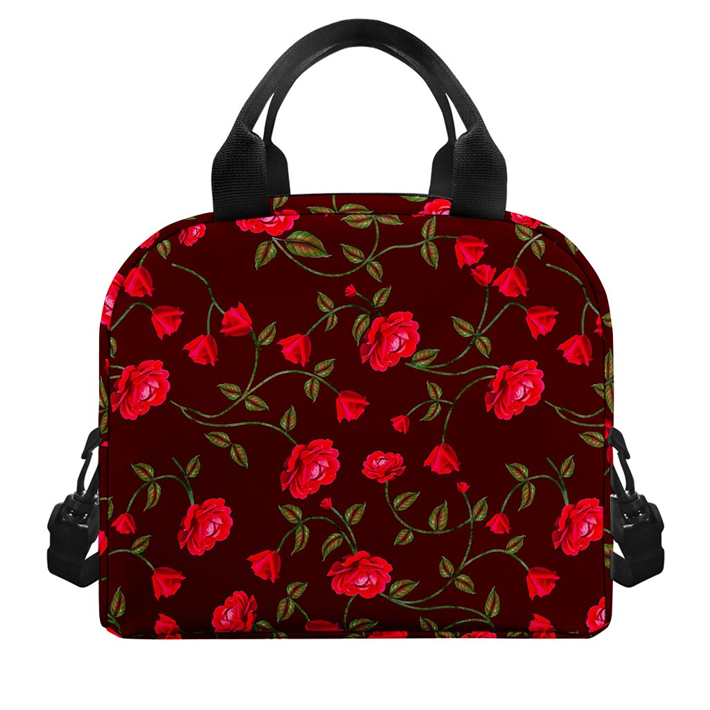 Red Rose Floral Flower Pattern Print Insulated Lunch Bag