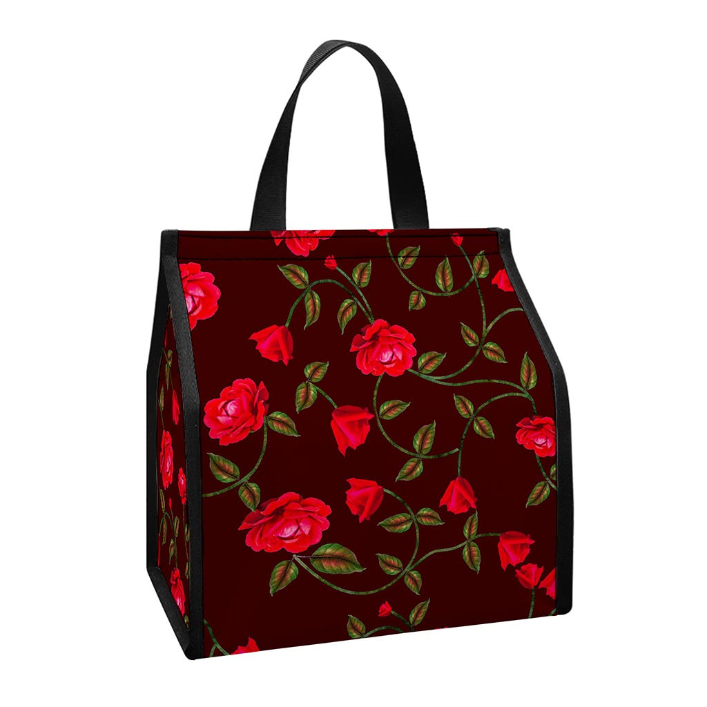Red Rose Floral Flower Pattern Print Insulated Lunch Tote