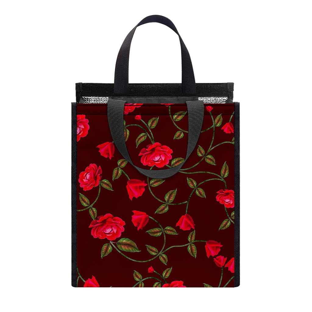 Red Rose Floral Flower Pattern Print Insulated Lunch Tote