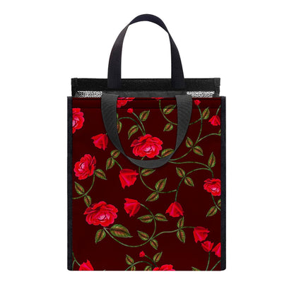 Red Rose Floral Flower Pattern Print Insulated Lunch Tote