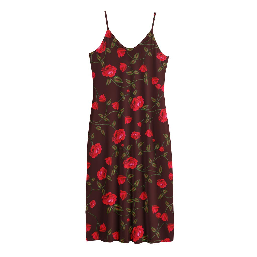Red Rose Floral Flower Pattern Print Jersey Midi Cami Dress