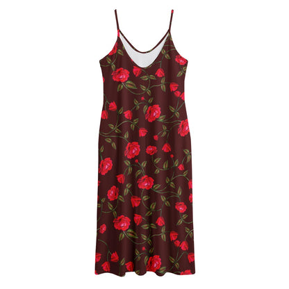 Red Rose Floral Flower Pattern Print Jersey Midi Cami Dress