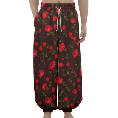 Red Rose Floral Flower Pattern Print Lantern Pants