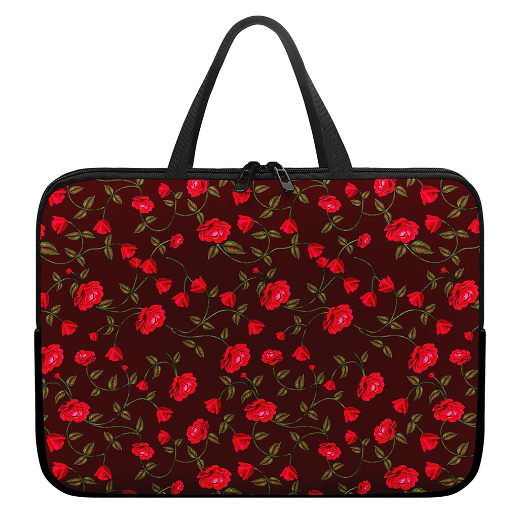 Red Rose Floral Flower Pattern Print Laptop Sleeve With Handle