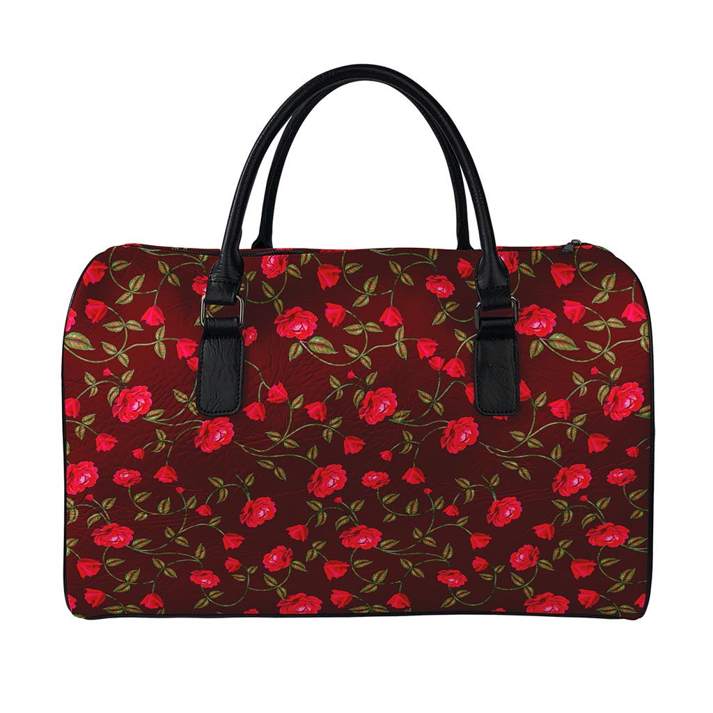 Red Rose Floral Flower Pattern Print Leather Duffle Bag