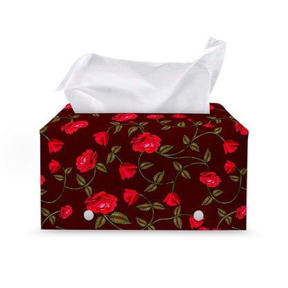 Red Rose Floral Flower Pattern Print Leather Tissue Box Cover
