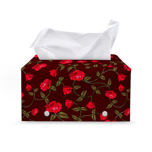 Red Rose Floral Flower Pattern Print Leather Tissue Box Cover