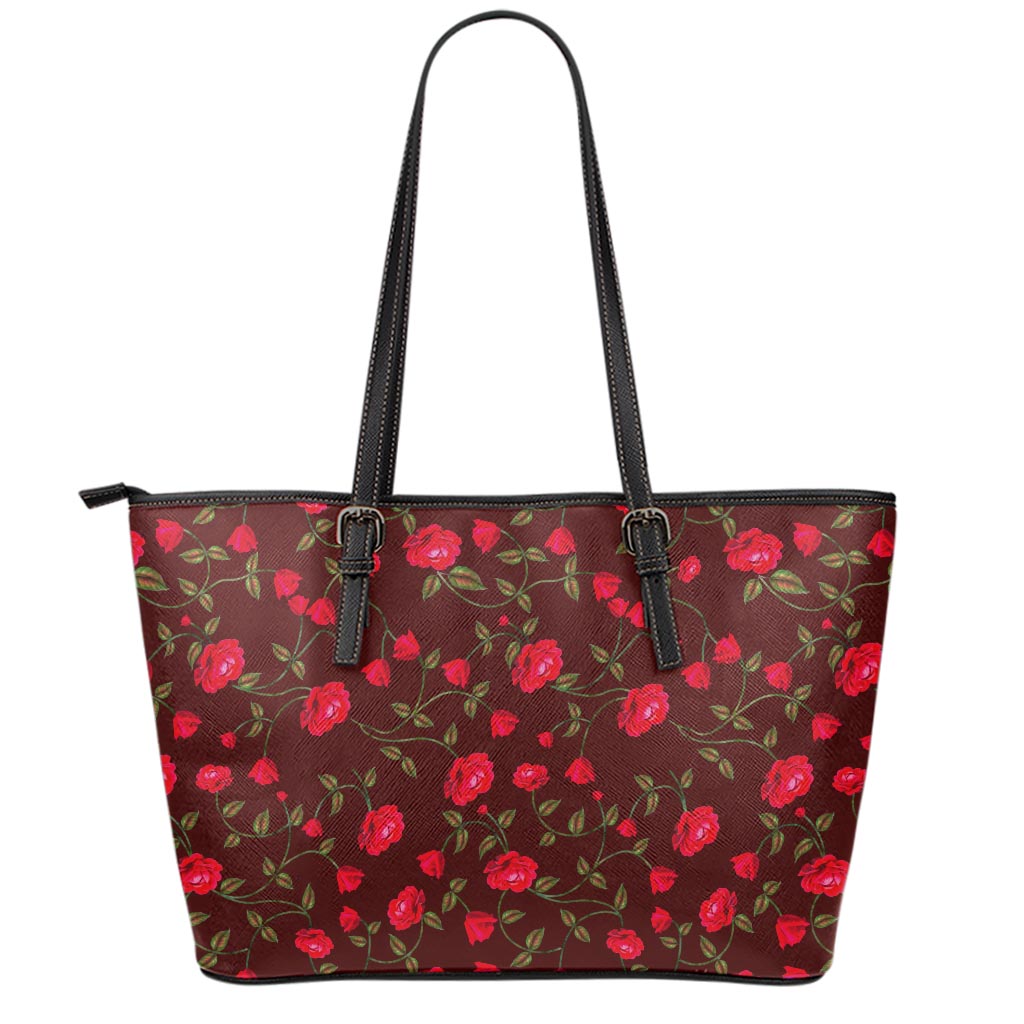 Red Rose Floral Flower Pattern Print Leather Tote Bag