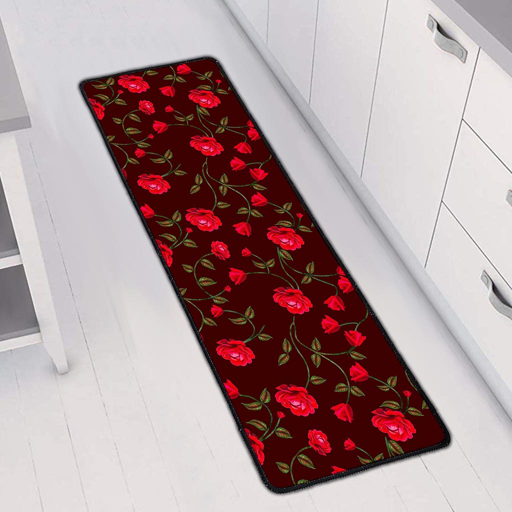 Red Rose Floral Flower Pattern Print Long Kitchen Mat