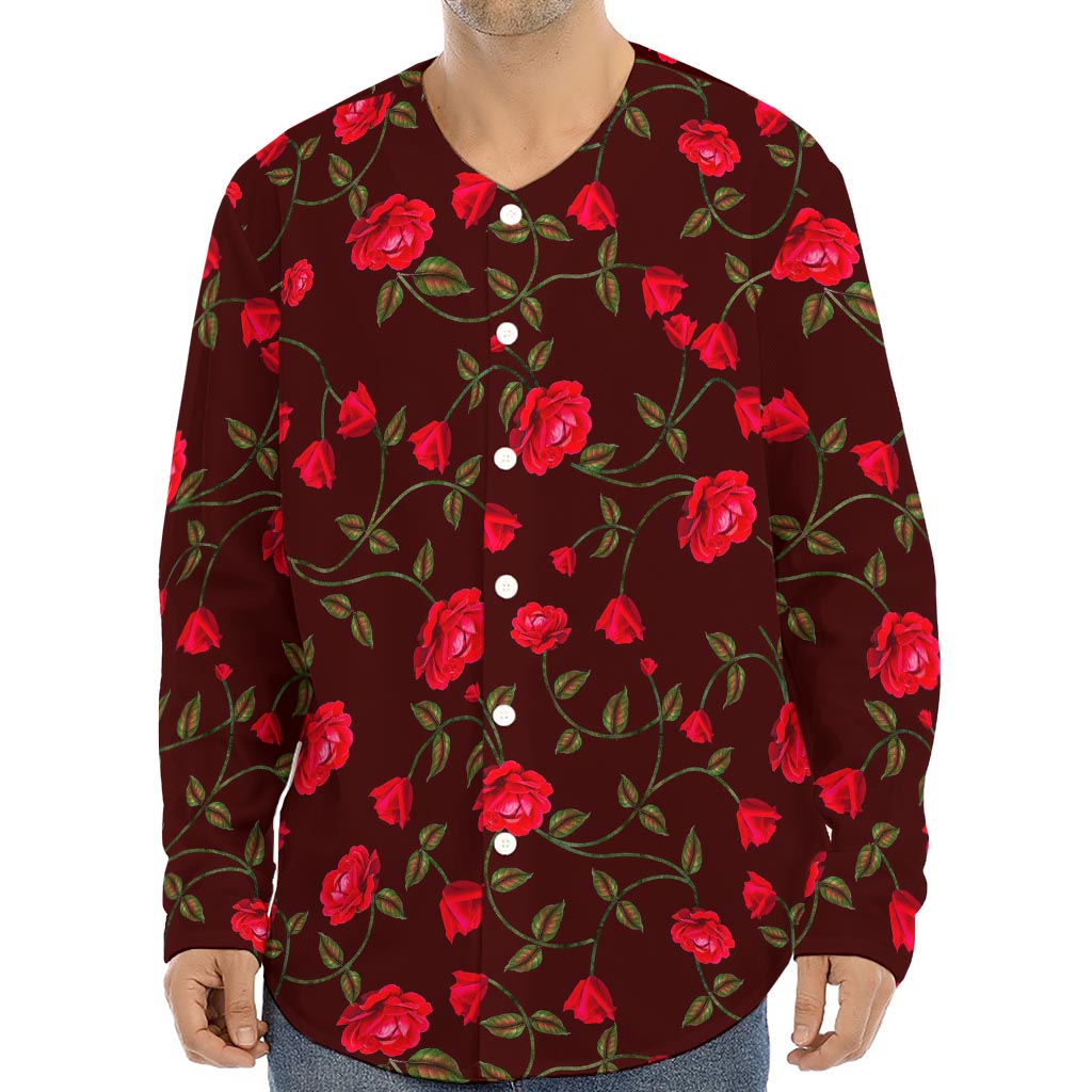 Red Rose Floral Flower Pattern Print Long Sleeve Baseball Jersey