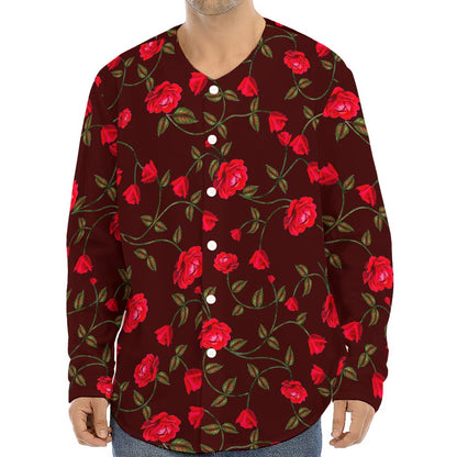 Red Rose Floral Flower Pattern Print Long Sleeve Baseball Jersey