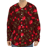 Red Rose Floral Flower Pattern Print Long Sleeve Baseball Jersey