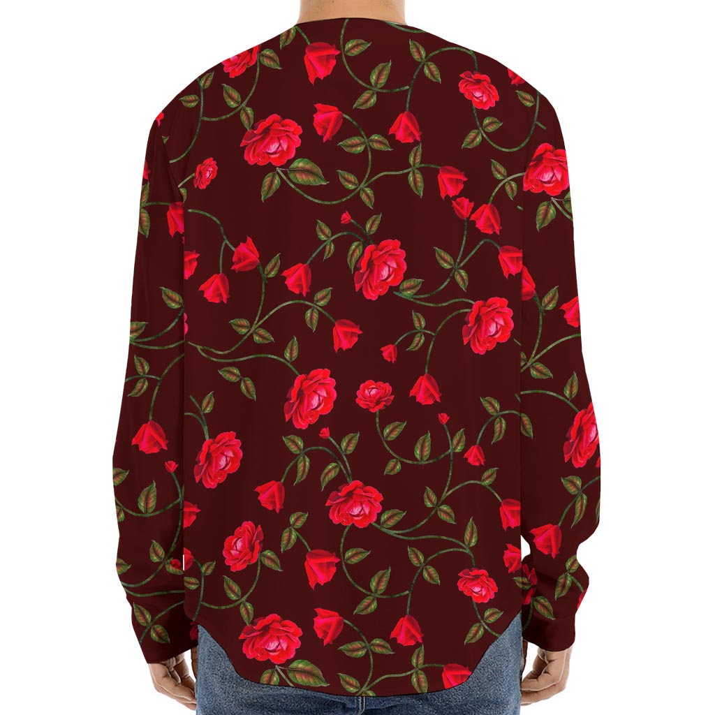 Red Rose Floral Flower Pattern Print Long Sleeve Baseball Jersey