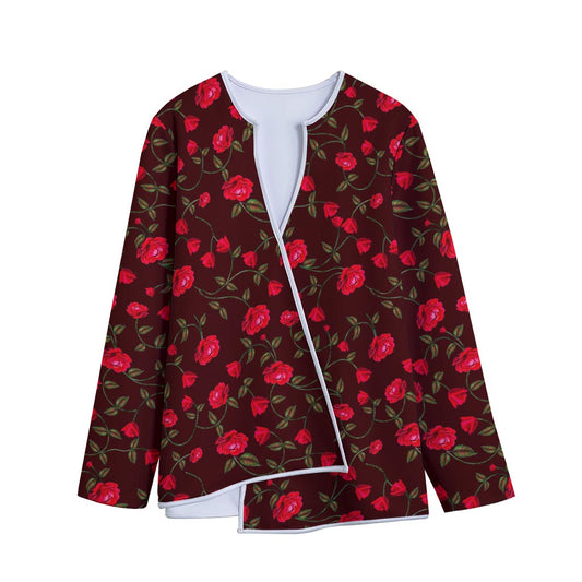 Red Rose Floral Flower Pattern Print Long Sleeve Short Coat
