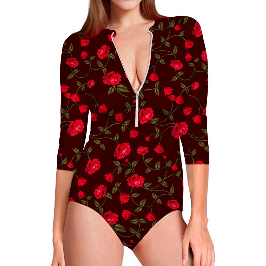 Red Rose Floral Flower Pattern Print Long Sleeve Swimsuit