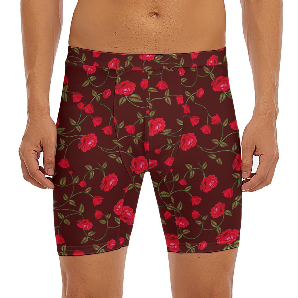 Red Rose Floral Flower Pattern Print Men's Long Boxer Briefs