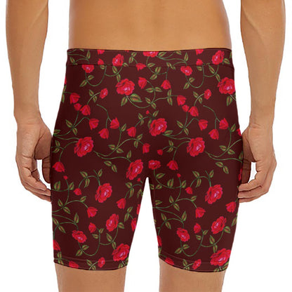 Red Rose Floral Flower Pattern Print Men's Long Boxer Briefs