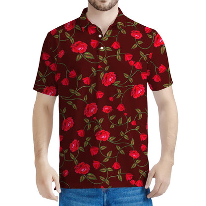 Red Rose Floral Flower Pattern Print Men's Polo Shirt
