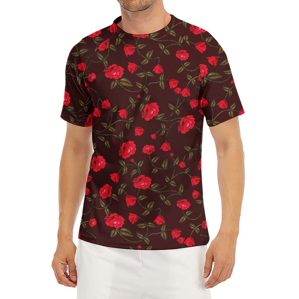 Red Rose Floral Flower Pattern Print Men's Short Sleeve Rash Guard