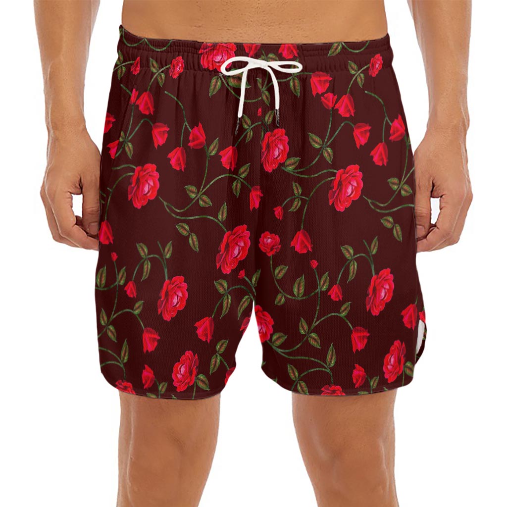 Red Rose Floral Flower Pattern Print Men's Split Running Shorts
