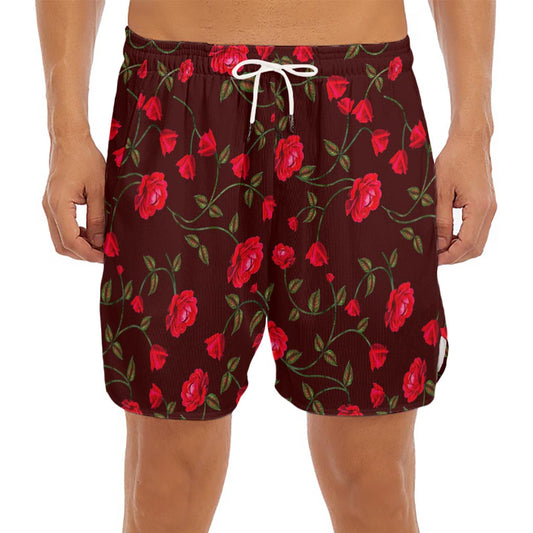 Red Rose Floral Flower Pattern Print Men's Split Running Shorts