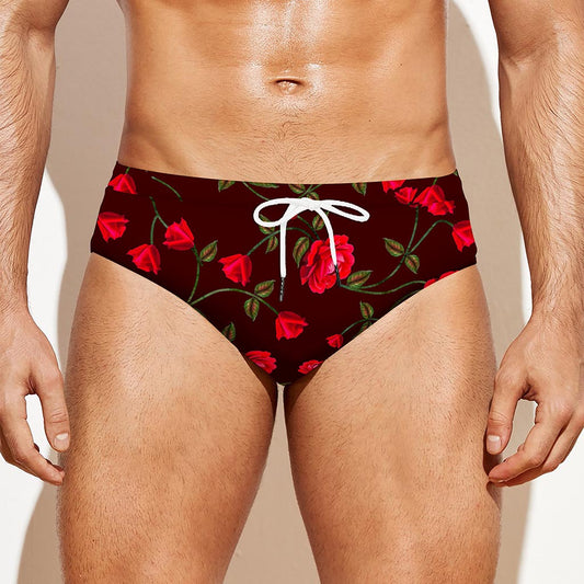 Red Rose Floral Flower Pattern Print Men's Swim Briefs