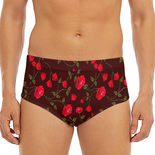 Red Rose Floral Flower Pattern Print Men's Triangle Swim Briefs