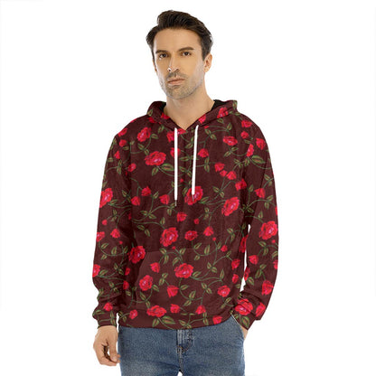 Red Rose Floral Flower Pattern Print Men's Velvet Pullover Hoodie