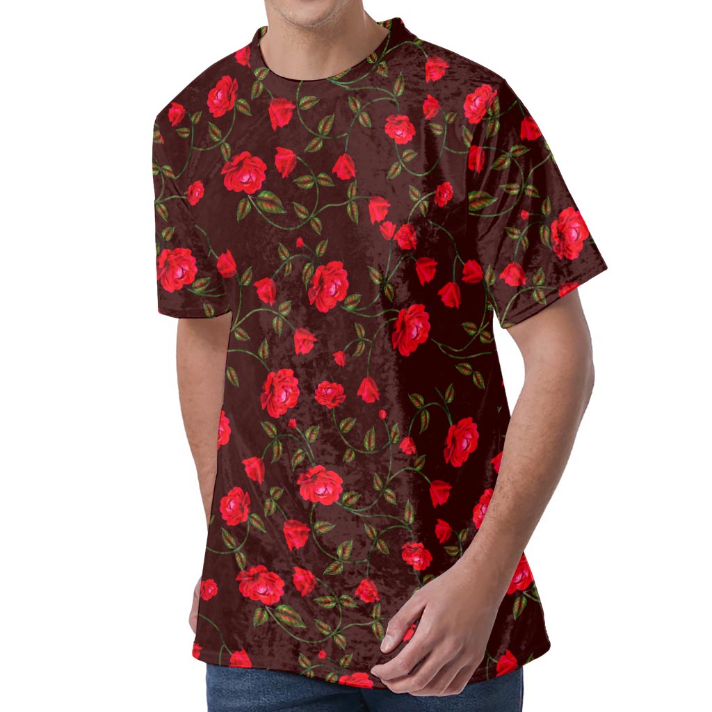 Red Rose Floral Flower Pattern Print Men's Velvet T-Shirt