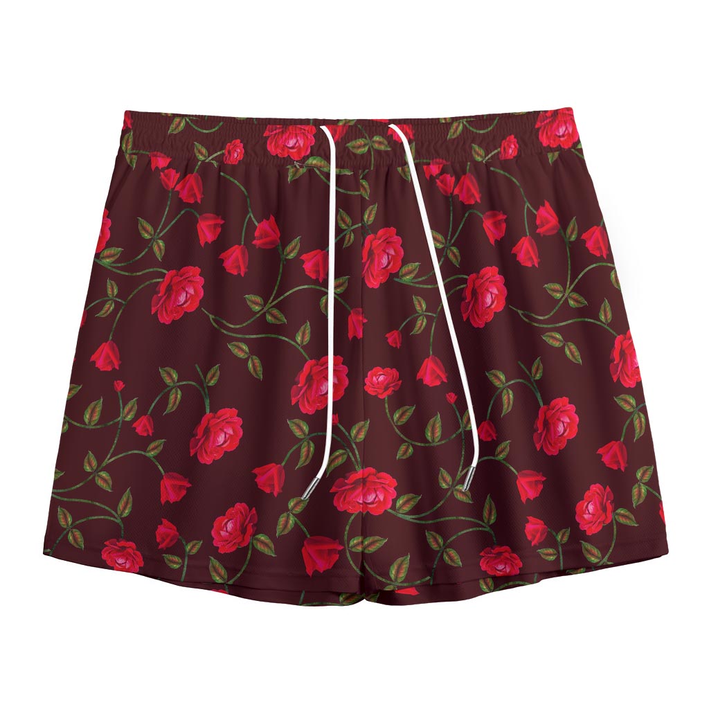 Red Rose Floral Flower Pattern Print Mesh Shorts