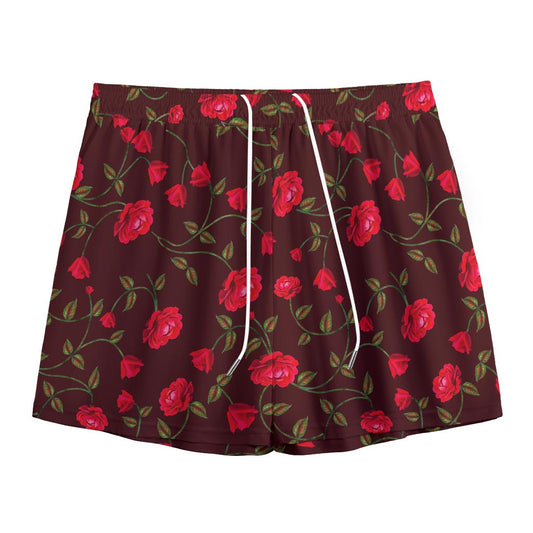 Red Rose Floral Flower Pattern Print Mesh Shorts